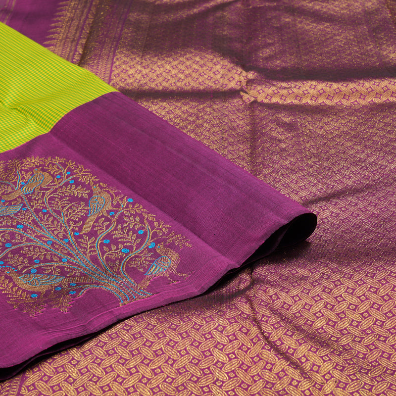 Hayagrivas Green with Yellow Muted Checks Handloom Kanjivaram Silk Saree with Dark Purple Border BBD1475L6-1