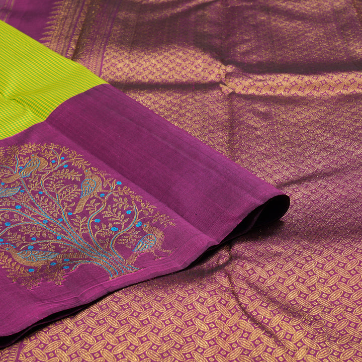 Hayagrivas Green with Yellow Muted Checks Handloom Kanjivaram Silk Saree with Dark Purple Border BBD1475L6-1