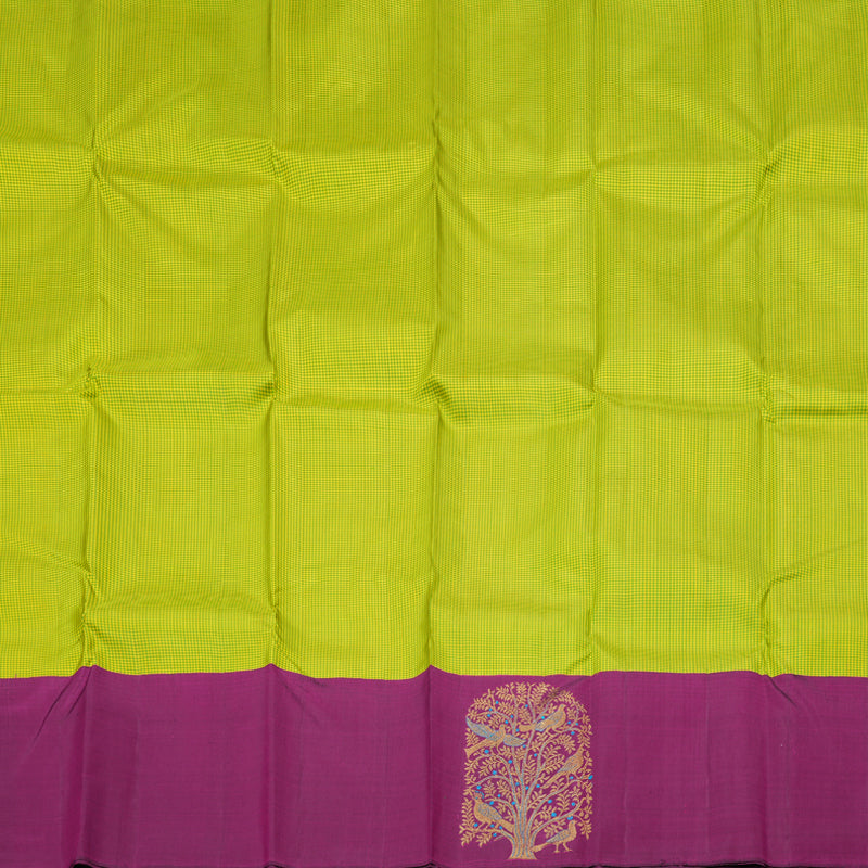 Hayagrivas Green with Yellow Muted Checks Handloom Kanjivaram Silk Saree with Dark Purple Border BBD1475L6-1