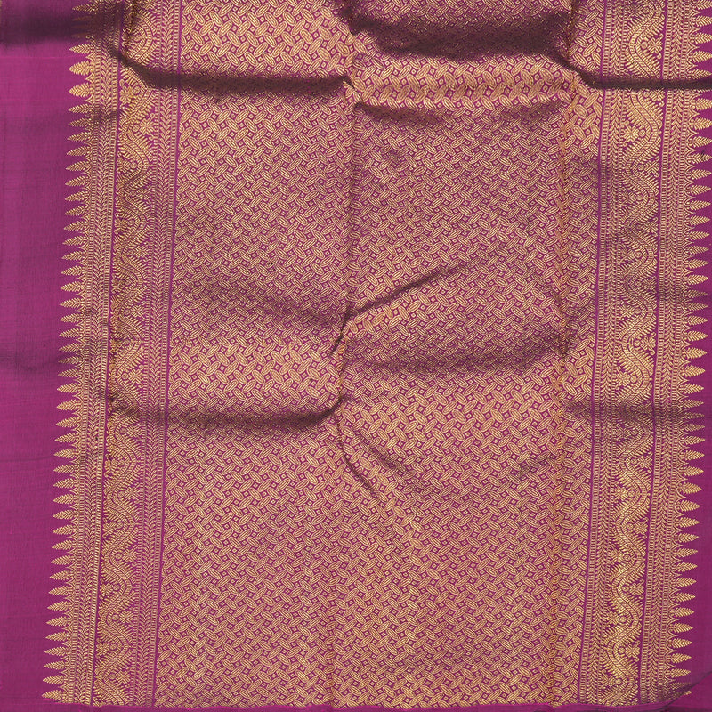 Hayagrivas Green with Yellow Muted Checks Handloom Kanjivaram Silk Saree with Dark Purple Border BBD1475L6-1