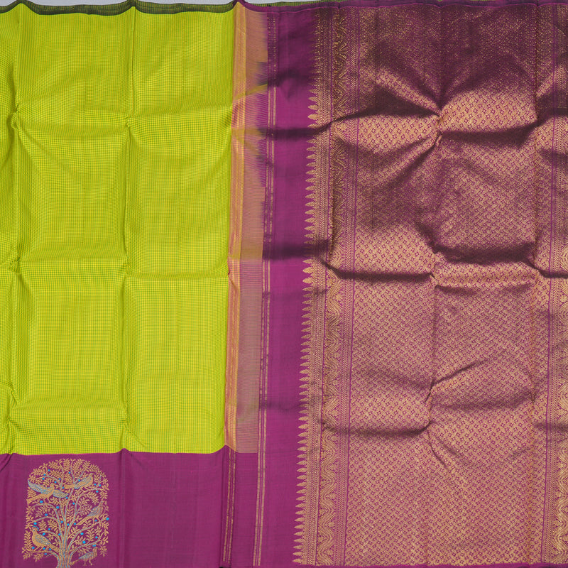 Hayagrivas Green with Yellow Muted Checks Handloom Kanjivaram Silk Saree with Dark Purple Border BBD1475L6-1