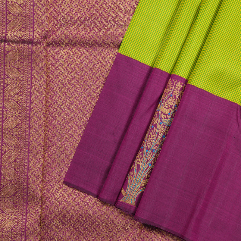 Hayagrivas Green with Yellow Muted Checks Handloom Kanjivaram Silk Saree with Dark Purple Border BBD1475L6-1