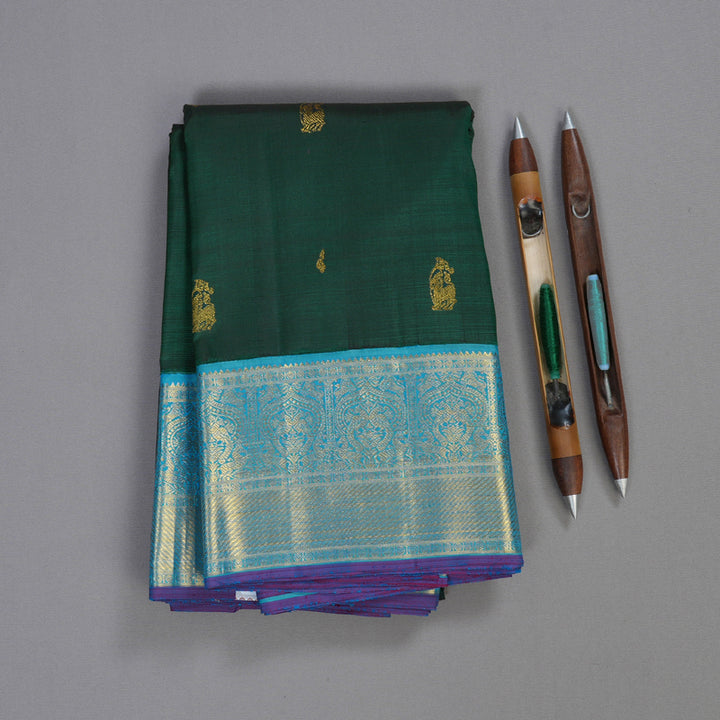 Hayagrivas Bottle Green Handloom Kanjivaram Silk Saree with Sky Blue Border BBD1485L11-1