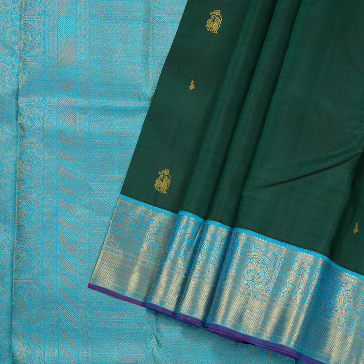 Hayagrivas Bottle Green Handloom Kanjivaram Silk Saree with Sky Blue Border BBD1485L11-1