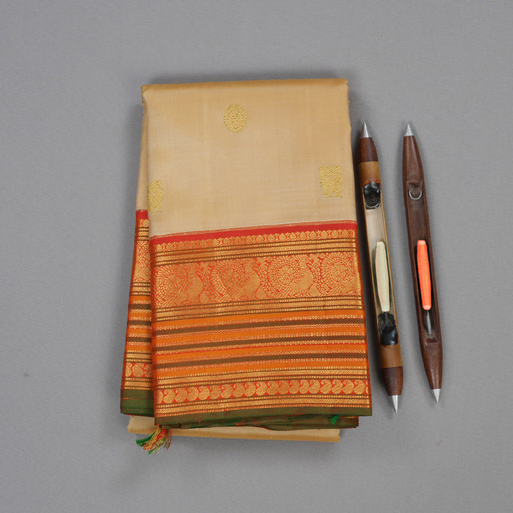 Hayagrivas Sandal Beige Handloom Kanjivaram Silk Saree with Orange Border BBD1485L12-1