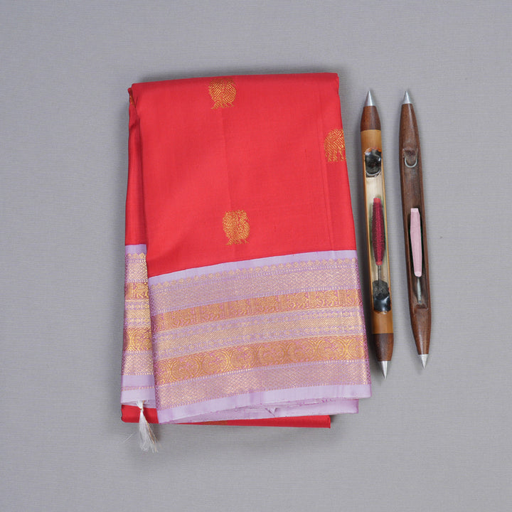 Hayagrivas Alluring Red Handloom Kanjivaram Silk Saree with Lilac Color Border BBD1485L13-1