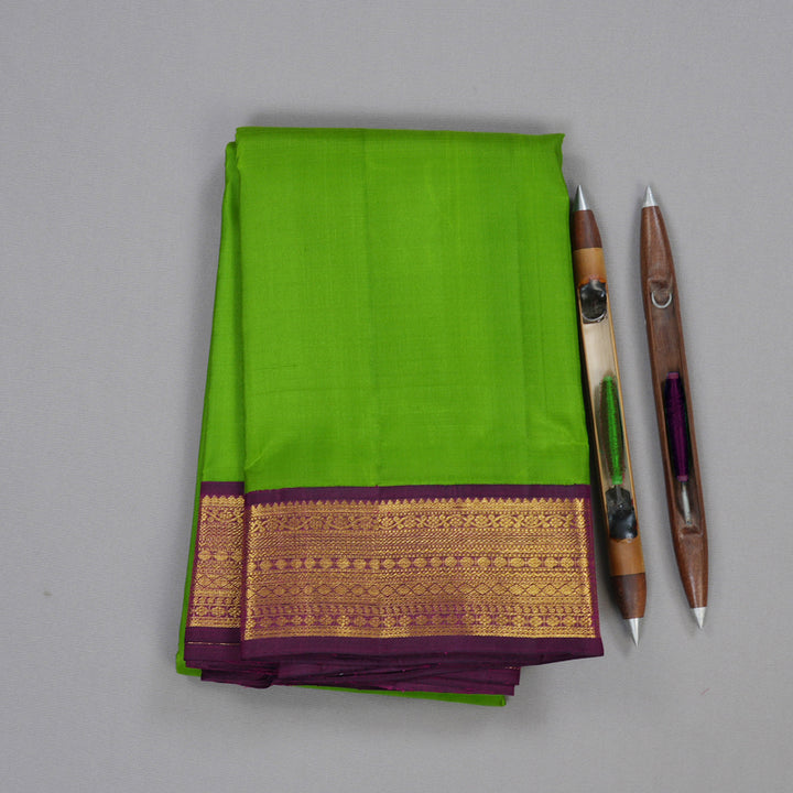 Hayagrivas Leaf Green Handloom Kanjivaram Silk Saree with Dark Purple Border BBD1485L4-1