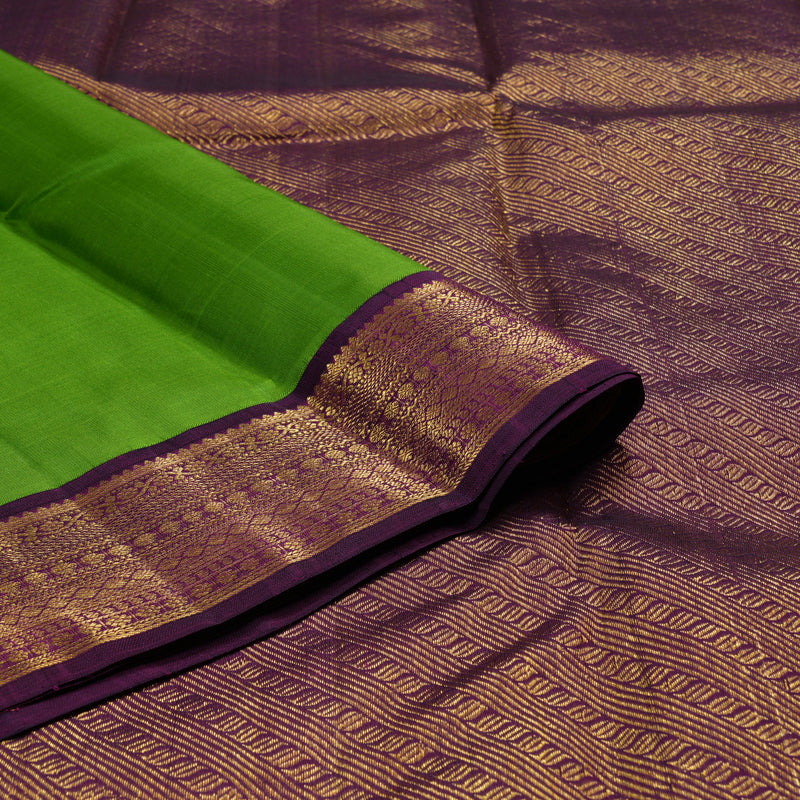 Hayagrivas Leaf Green Handloom Kanjivaram Silk Saree with Dark Purple Border BBD1485L4-1
