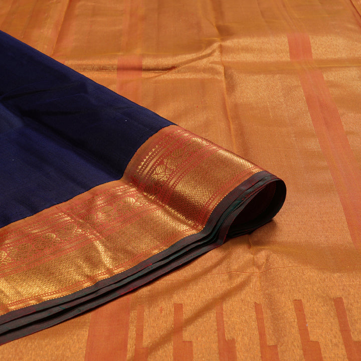Hayagrivas Dark Blue Handloom Kanjivaram Silk Saree with Dual Tone (Mustard With Pink) Border BBD1485L8-1