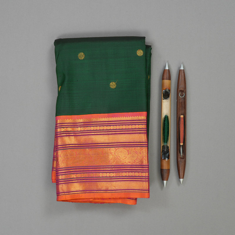 Hayagrivas Handloom Bottle Green Kanjivaram Silk Saree with Orangish Pink border BBD1487L4-1