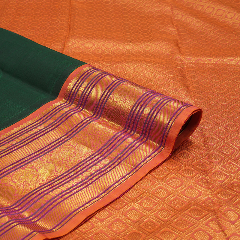 Hayagrivas Handloom Bottle Green Kanjivaram Silk Saree with Orangish Pink border BBD1487L4-1