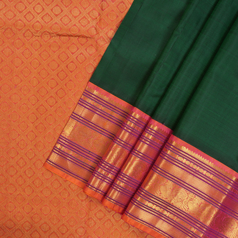 Hayagrivas Handloom Bottle Green Kanjivaram Silk Saree with Orangish Pink border BBD1487L4-1
