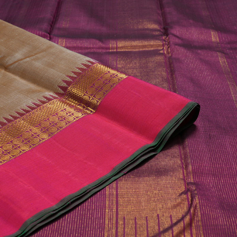 Hayagrivas Sandal Beige Handloom Kanjivaram Silk Saree with Orangish Pink Border BBD1491L1-1