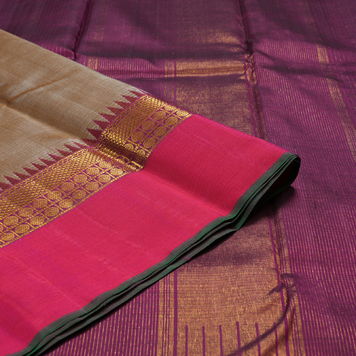 Hayagrivas Sandal Beige Handloom Kanjivaram Silk Saree with Orangish Pink Border BBD1491L1-1