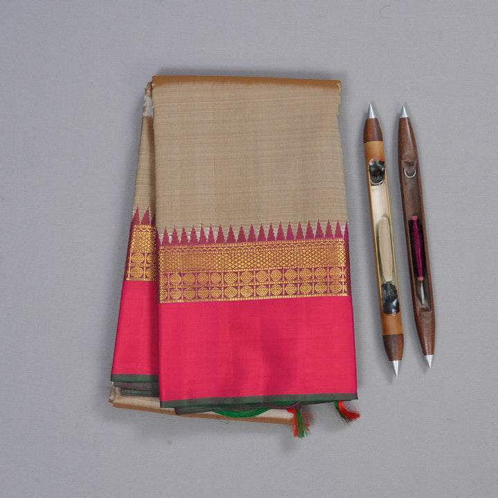 Hayagrivas Sandal Beige Handloom Kanjivaram Silk Saree with Orangish Pink Border BBD1491L1-1