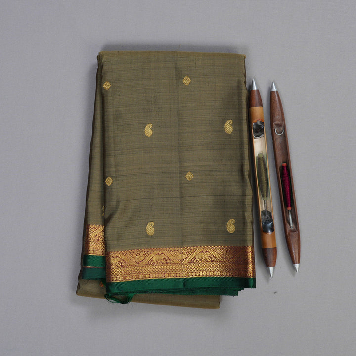 Hayagrivas Mehndi Handloom Kanjivaram Silk Saree with Wine Maroon Border BBD1491L9-1