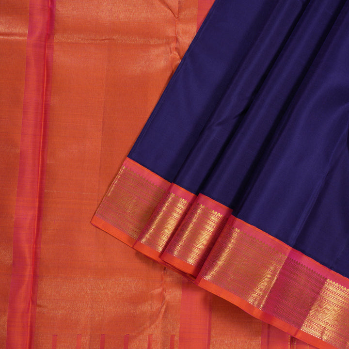 Hayagrivas Dark Blue Handloom Kanjivaram Silk Saree with Orangish Pink Border BBD1492L10-1
