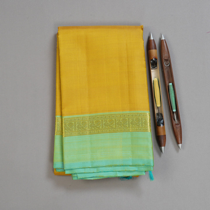 Hayagrivas Mustard Handloom Kanjivaram Silk Saree with Sea Blue Border BBD1492L3-1