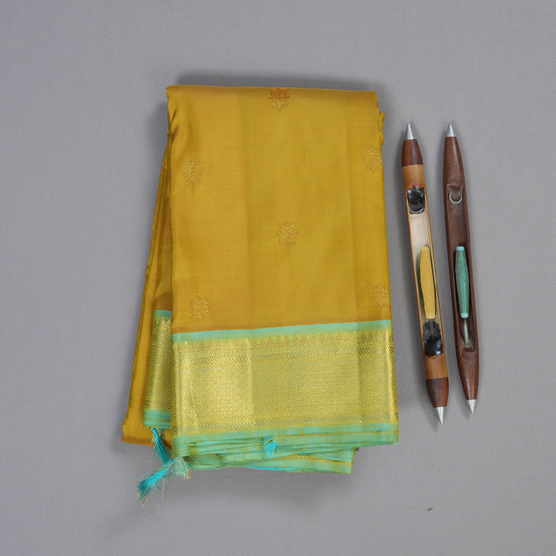 Hayagrivas Mustard Handloom Kanjivaram Silk Saree with Sea Blue Border BBD1492L5-1