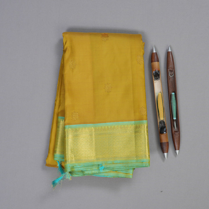 Hayagrivas Mustard Handloom Kanjivaram Silk Saree with Sea Blue Border BBD1492L5-1
