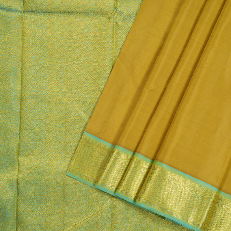Hayagrivas Mustard Handloom Kanjivaram Silk Saree with Sea Blue Border BBD1492L5-1