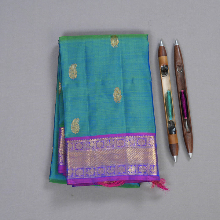 Hayagrivas Peacock Blue Handloom Kanjivaram Silk Saree with Purple Border BBD1492L8-1