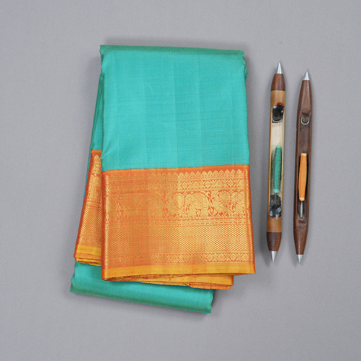 Hayagrivas Sea Blue Handloom Kanjivaram Silk Saree with Honey Mustard Border BBD1496L2-1