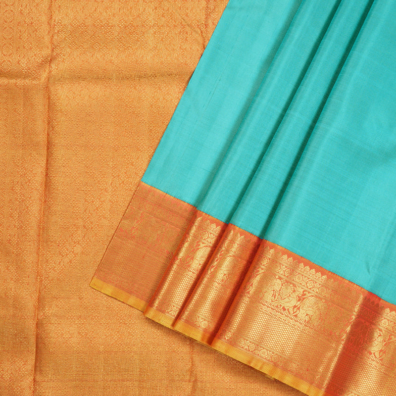 Hayagrivas Sea Blue Handloom Kanjivaram Silk Saree with Honey Mustard Border BBD1496L2-1