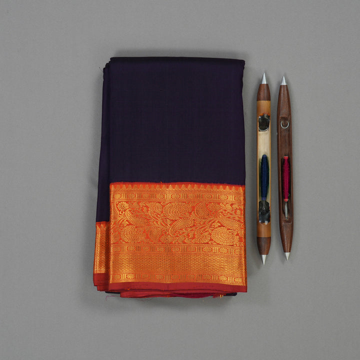 Hayagrivas Handloom Dark Indigo Blue Kanjivaram Silk Saree with Orange Border BBD1497L3-1
