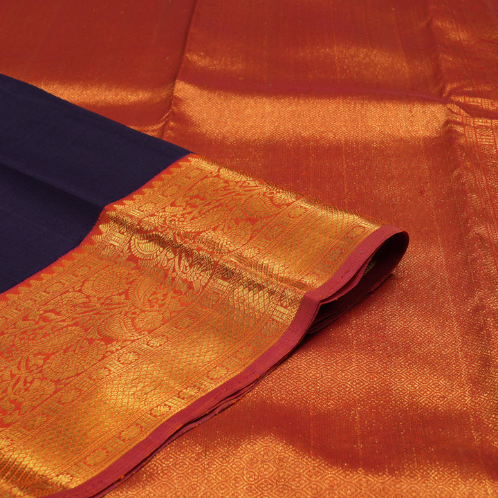Hayagrivas Handloom Dark Indigo Blue Kanjivaram Silk Saree with Orange Border BBD1497L3-1