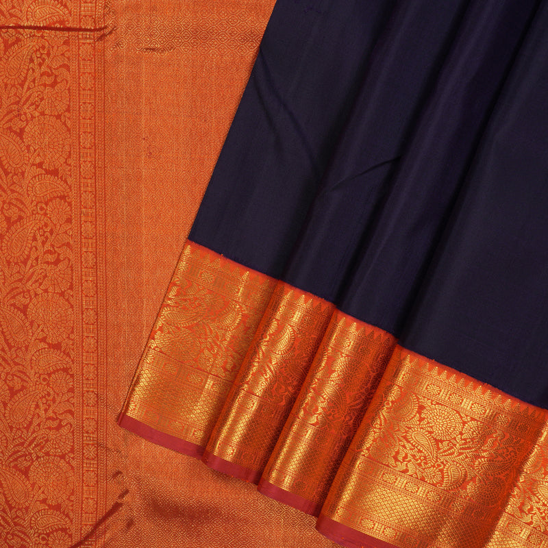 Hayagrivas Handloom Dark Indigo Blue Kanjivaram Silk Saree with Orange Border BBD1497L3-1