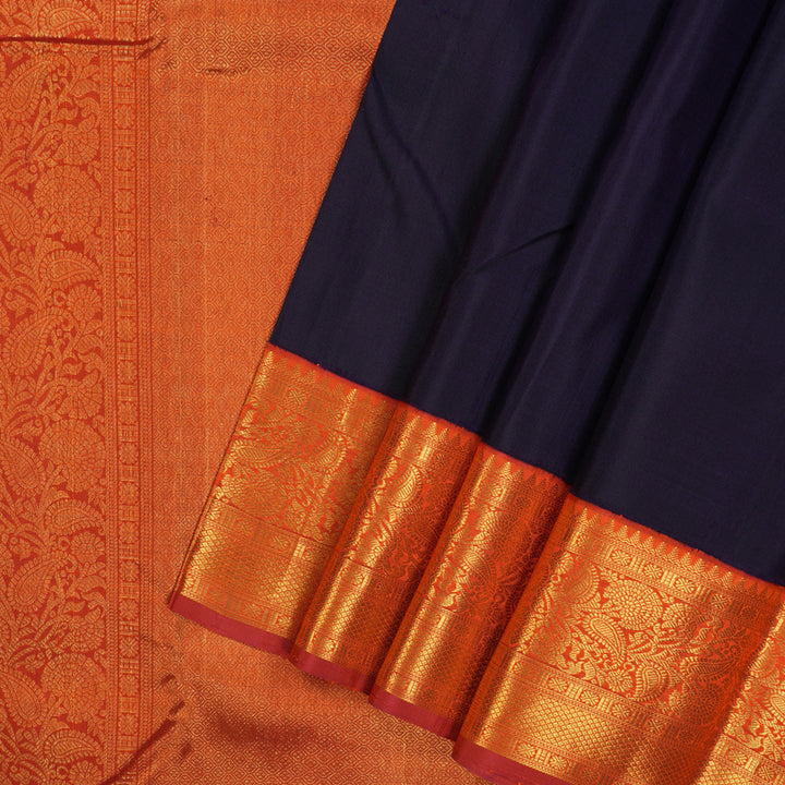 Hayagrivas Handloom Dark Indigo Blue Kanjivaram Silk Saree with Orange Border BBD1497L3-1
