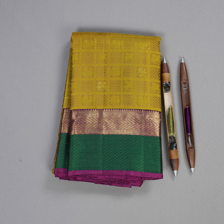 Hayagrivas Sampanga Yellow Handloom Kanjivaram Silk Saree with Purple And Green Border BBD1498L5-1
