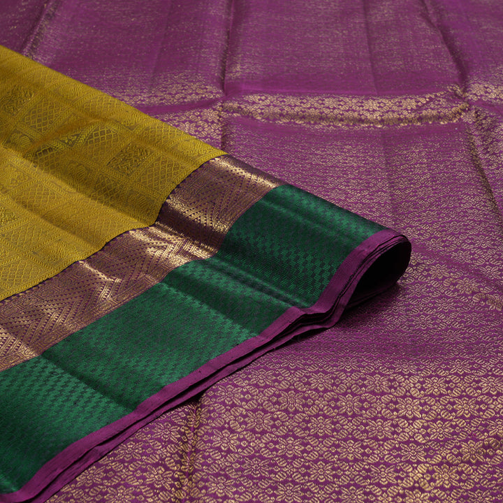 Hayagrivas Sampanga Yellow Handloom Kanjivaram Silk Saree with Purple And Green Border BBD1498L5-1