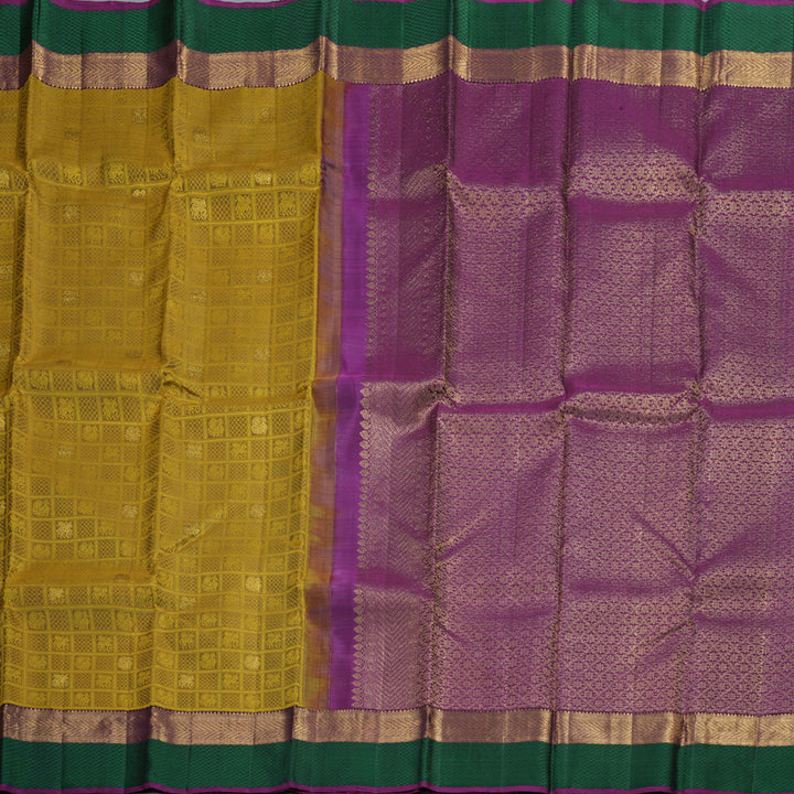 Hayagrivas Sampanga Yellow Handloom Kanjivaram Silk Saree with Purple And Green Border BBD1498L5-1