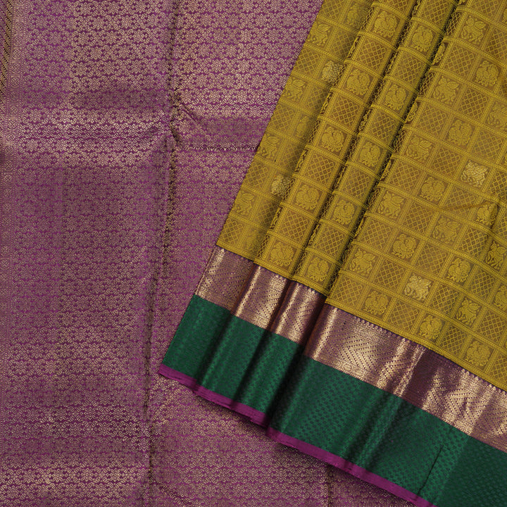 Hayagrivas Sampanga Yellow Handloom Kanjivaram Silk Saree with Purple And Green Border BBD1498L5-1