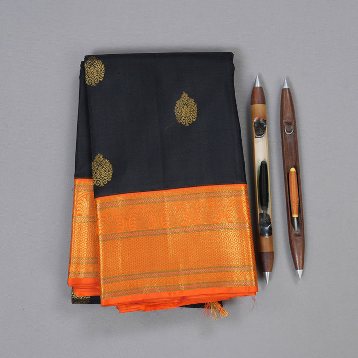 Hayagrivas Black Kanjivaram Silk Saree with Orange Border - BBD1504A11-8