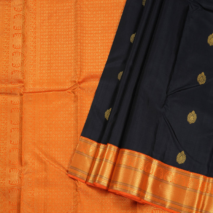 Hayagrivas Black Kanjivaram Silk Saree with Orange Border - BBD1504A11-8