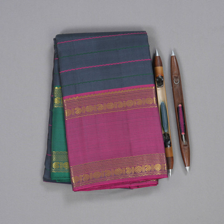 Hayagrivas Dark Bluish Grey Kanjivaram Silk Saree with Green And Purple Border BBD1514A6-2