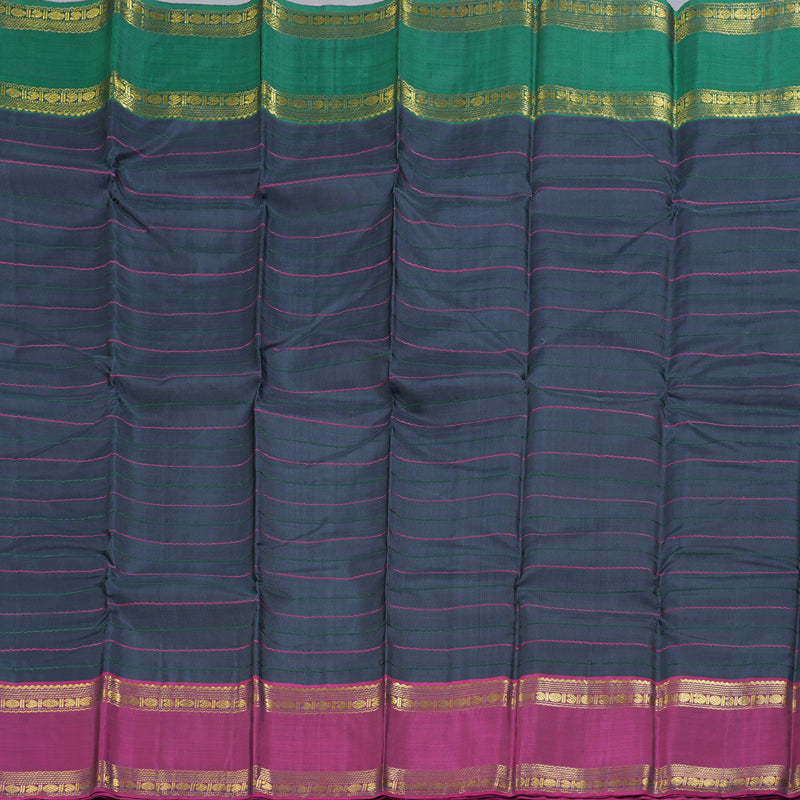 Hayagrivas Dark Bluish Grey Kanjivaram Silk Saree with Green And Purple Border BBD1514A6-2