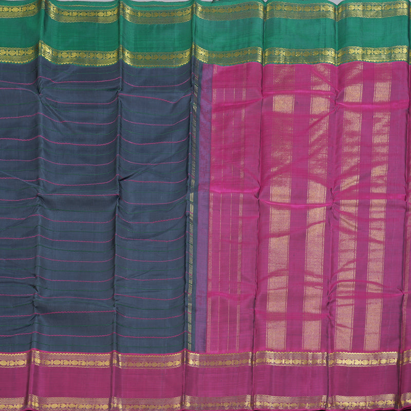 Hayagrivas Dark Bluish Grey Kanjivaram Silk Saree with Green And Purple Border BBD1514A6-2