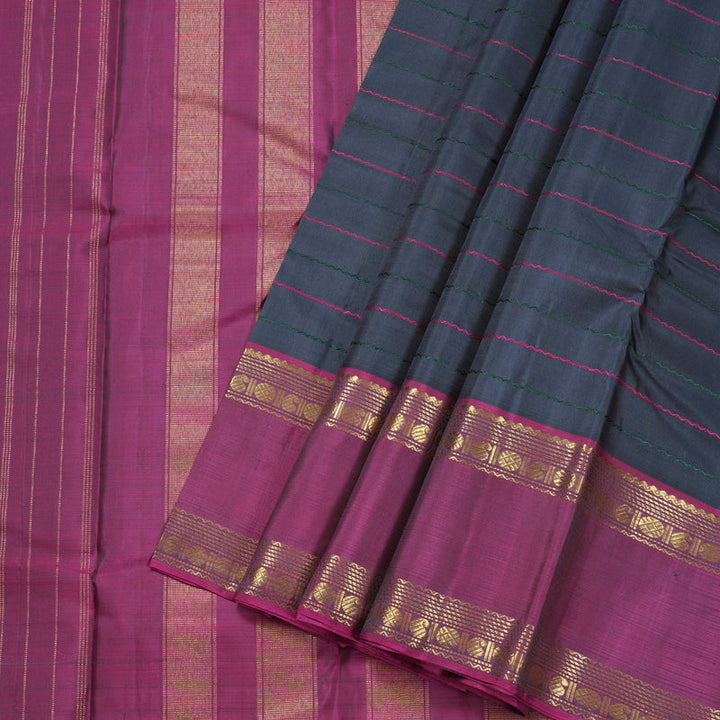 Hayagrivas Dark Bluish Grey Kanjivaram Silk Saree with Green And Purple Border BBD1514A6-2