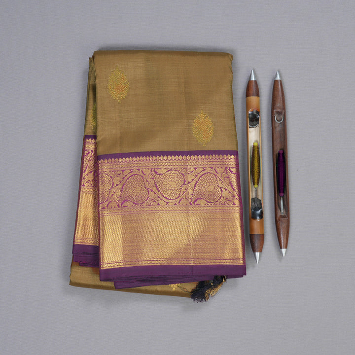Hayagrivas Wheat Brown Handloom Kanjivaram Silk Saree with Purple Border BBD1547A12-3
