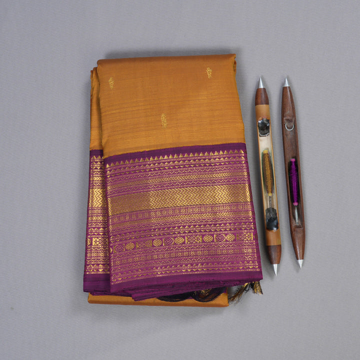 Hayagrivas Honey Mustard Handloom Kanjivaram Silk Saree with Dark Purple Border BBD1547A12-5