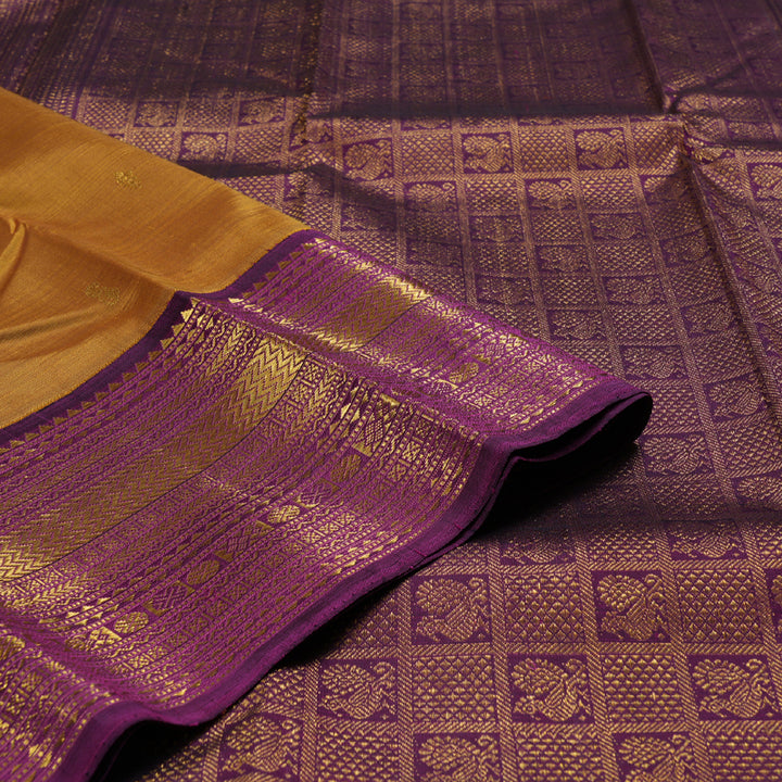 Hayagrivas Honey Mustard Handloom Kanjivaram Silk Saree with Dark Purple Border BBD1547A12-5