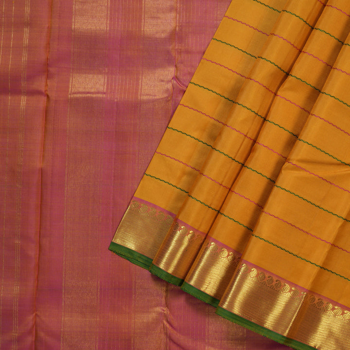 Hayagrivas Traditional Mustard Yellow Handloom Kanjivaram Silk Saree with Dual Tone (Pink With Yellow) Border BBD1547A2-1