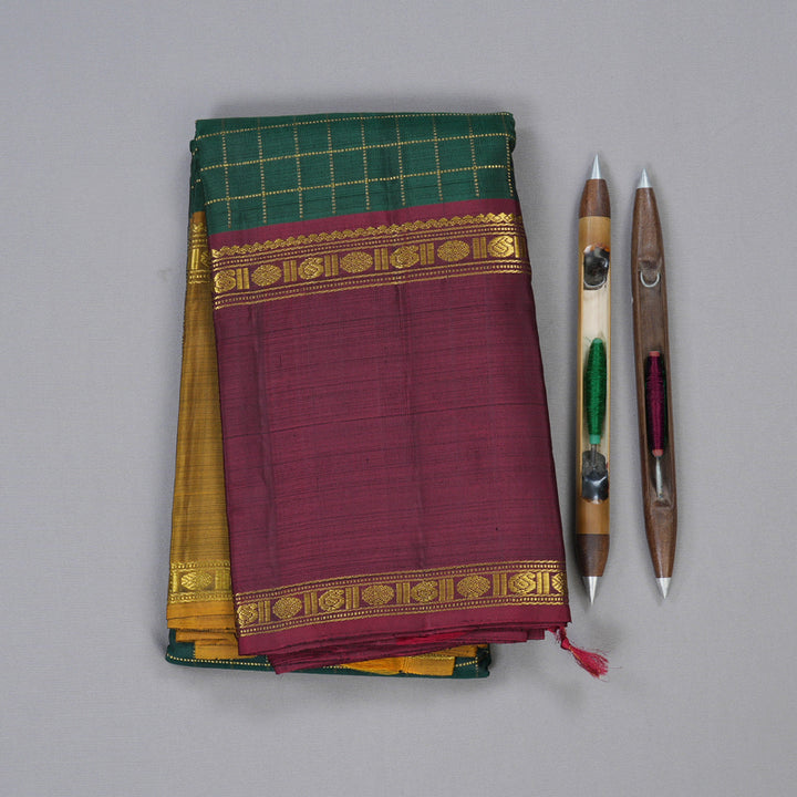 Hayagrivas Luxurious Bottle Green Handloom Kanjivaram Silk Saree with Ganga Jamuna (Honey Mustard And Maroon) Border BBD1547A5-6
