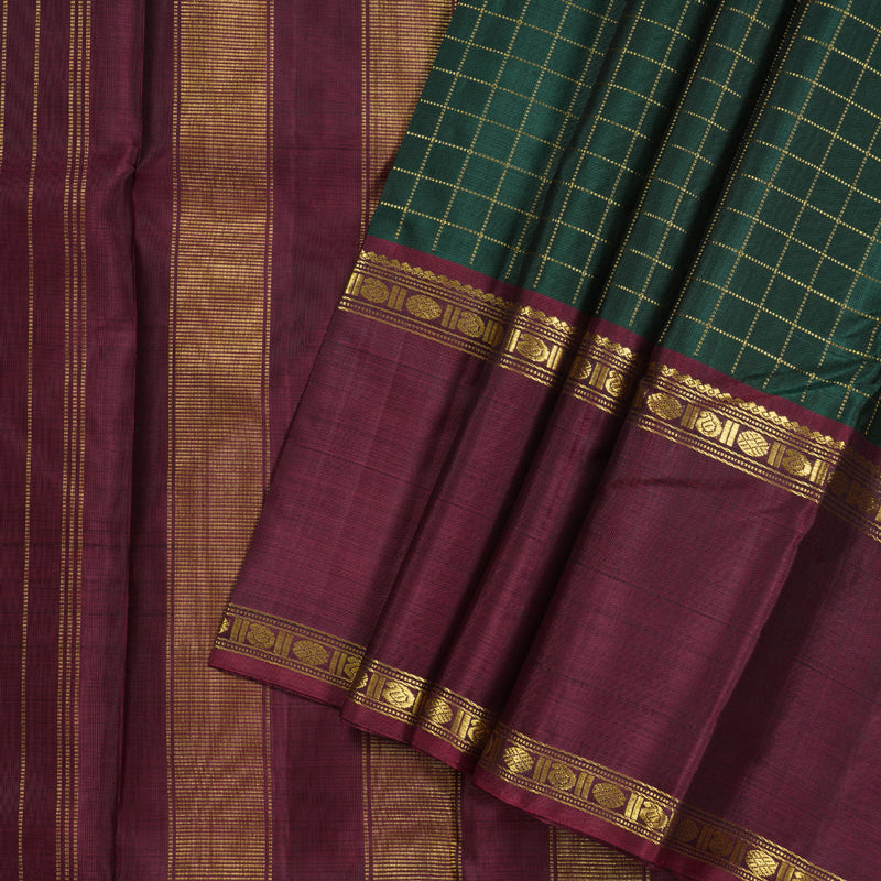 Hayagrivas Luxurious Bottle Green Handloom Kanjivaram Silk Saree with Ganga Jamuna (Honey Mustard And Maroon) Border BBD1547A5-6