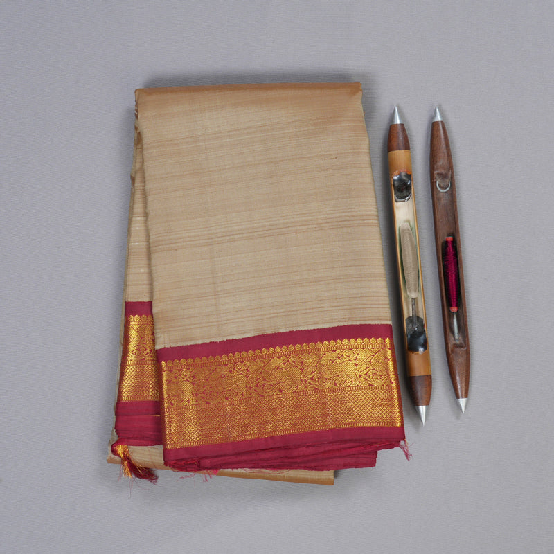 Hayagrivas Sandal Beige Handloom Kanjivaram Silk Saree with Maroon Border BBD1547A6-5