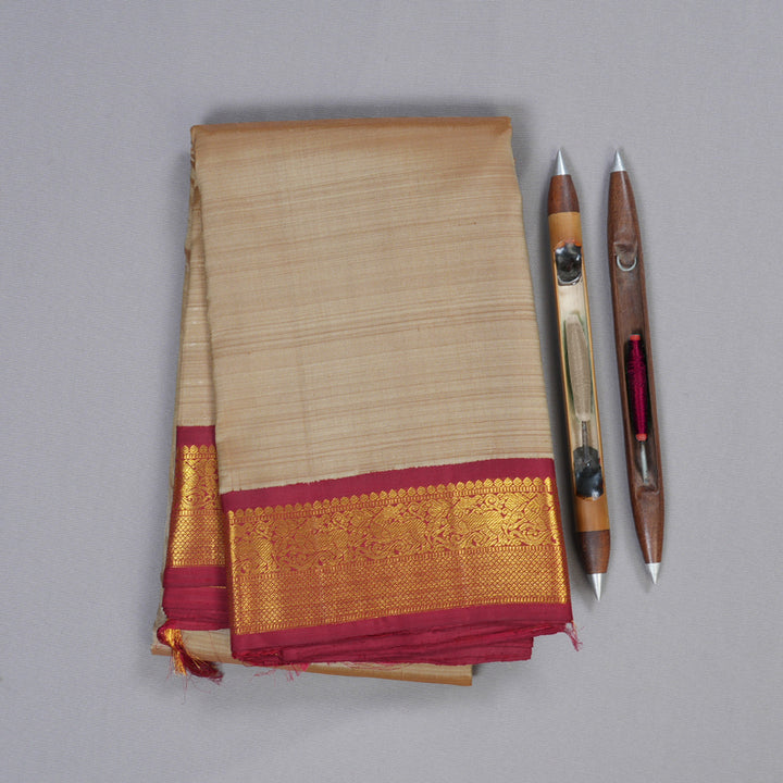 Hayagrivas Sandal Beige Handloom Kanjivaram Silk Saree with Maroon Border BBD1547A6-5